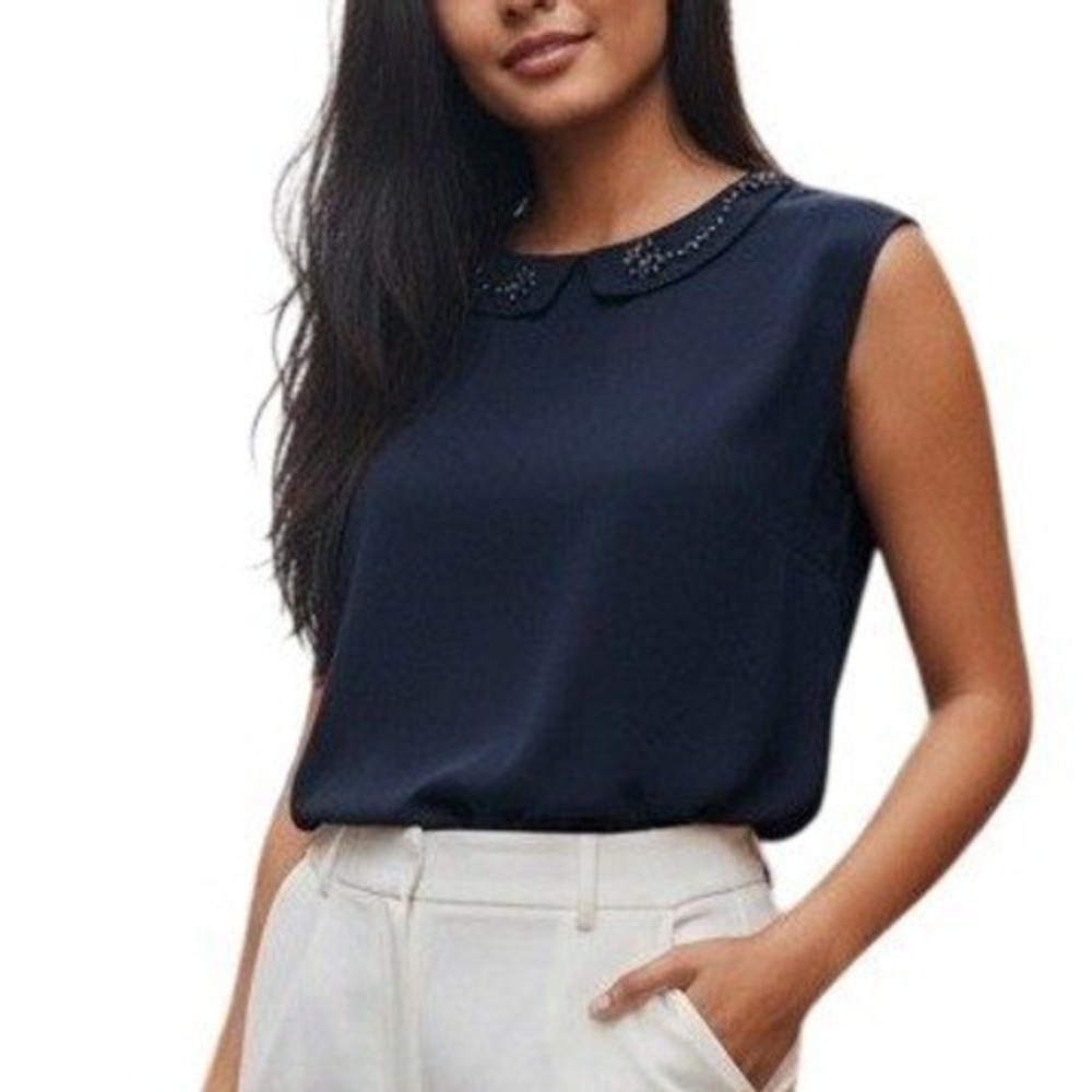 🆕 THE LIMITED Navy Blue Rhinestone Embellished Peter Pan Collar Blouse NWOT XS